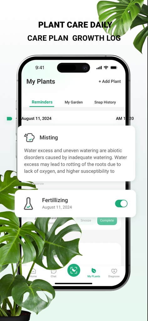 Interface de l'application PlantDaily montrant des rappels de soins pour la brumisation et la fertilisation ainsi qu'un journal de croissance des plantes.