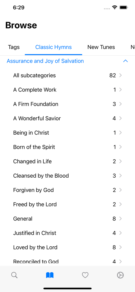 Hymns Mobile - Browse screen of the Hymns Mobile app showing a list of classic hymn categories under Assurance and Joy of Salvation