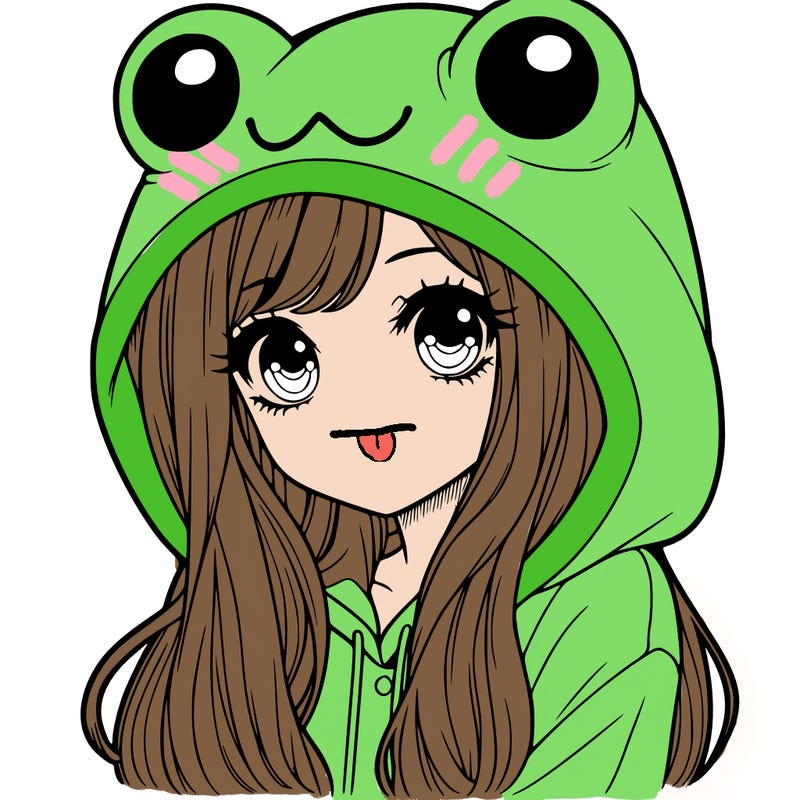 a pretty girl wearing a frog hoodie portrait with long hair