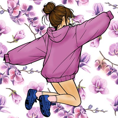 realistic girl jumping with a bun and oversized sweatshirt