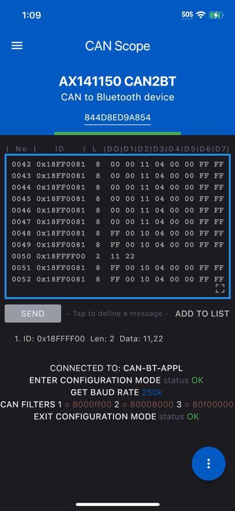 CAN2BLE Configuration - CAN Scope interface in the CAN2BLE Configuration app displaying real time CAN bus diagnostic data