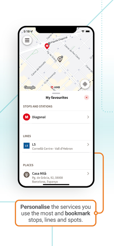 AMB Mobilitat (Picmi) - Barcelona transit app showing favorite metro lines and locations