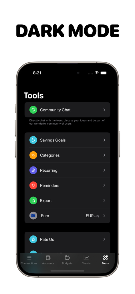 No Spend Tracker - Many - The tools menu of the Many personal finance app displayed in dark mode with options for savings goals, categories, and recurring transactions.