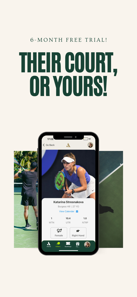 Mobile Ansicht eines Profils eines professionellen Tennisspielers mit Statistiken und Buchungsoptionen in der App des All Court Tennis Club