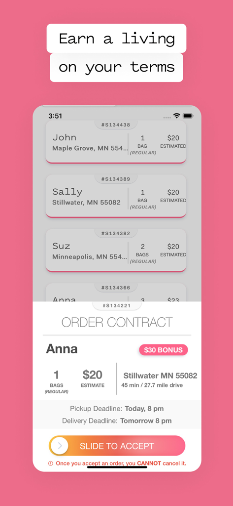 Poplin app interface showing a list of available laundry jobs and an order contract with a slide to accept button