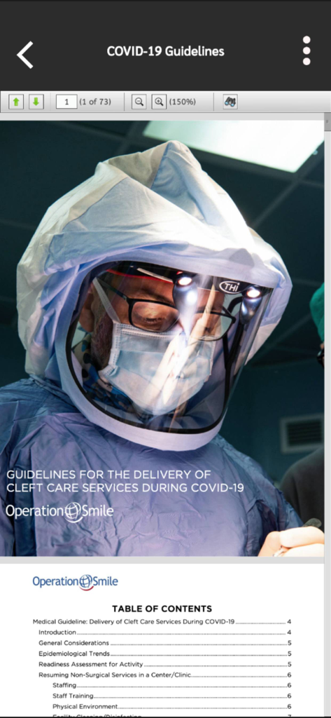 Operation Smile app displaying a PDF document of medical guidelines for cleft care delivery during COVID-19 featuring a surgeon in protective equipment.