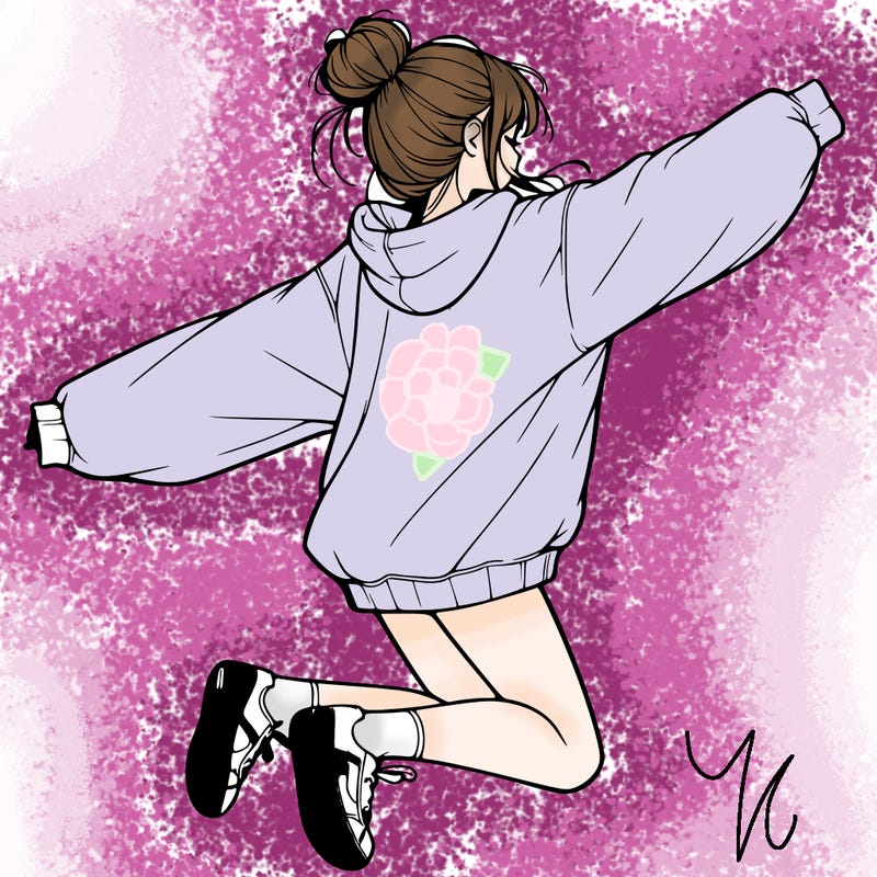 realistic girl jumping with a bun and oversized sweatshirt