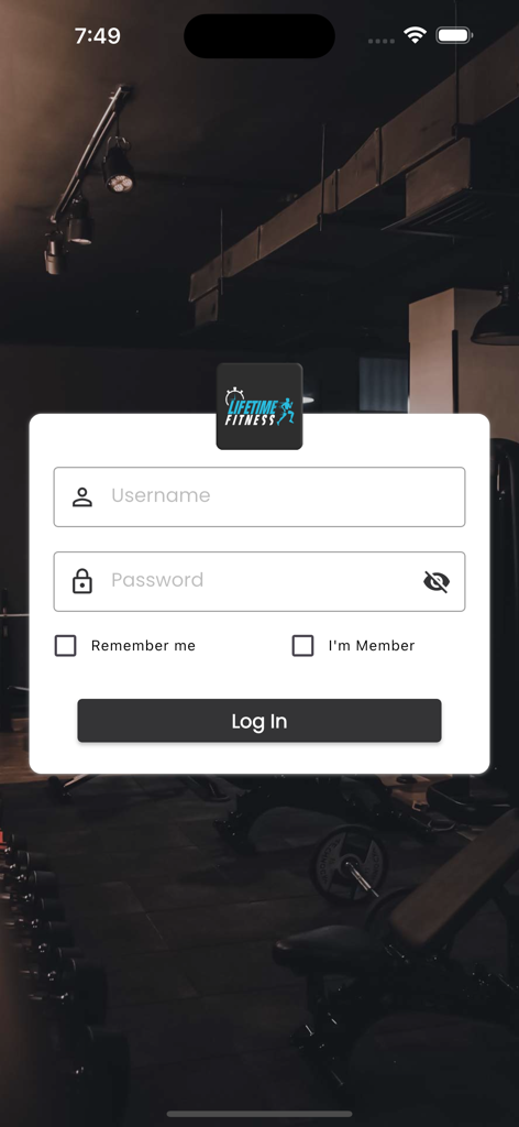 Lifetime Fitness Club - Tela de login do aplicativo móvel Lifetime Fitness Club com campos de nome de usuário e senha