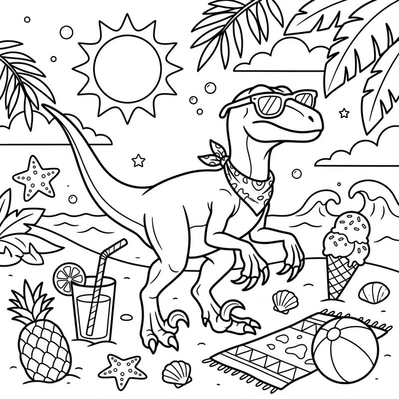 Get ready for a prehistoric summer with our awesome Deinonychus coloring page! This fun scene features a cool dino enjoying a sunny beach day, perfect for young artists aged 4-8.