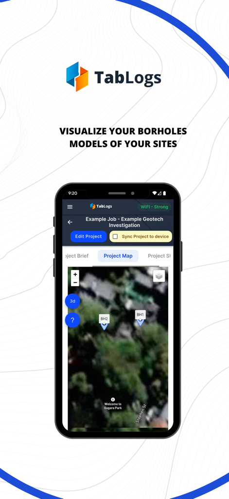 TabLogs - TabLogs mobile app displaying geotechnical borehole locations on a satellite project map.