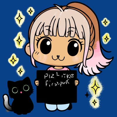 a girl with a ponytail and next to her is a small cat holding a  blank sign