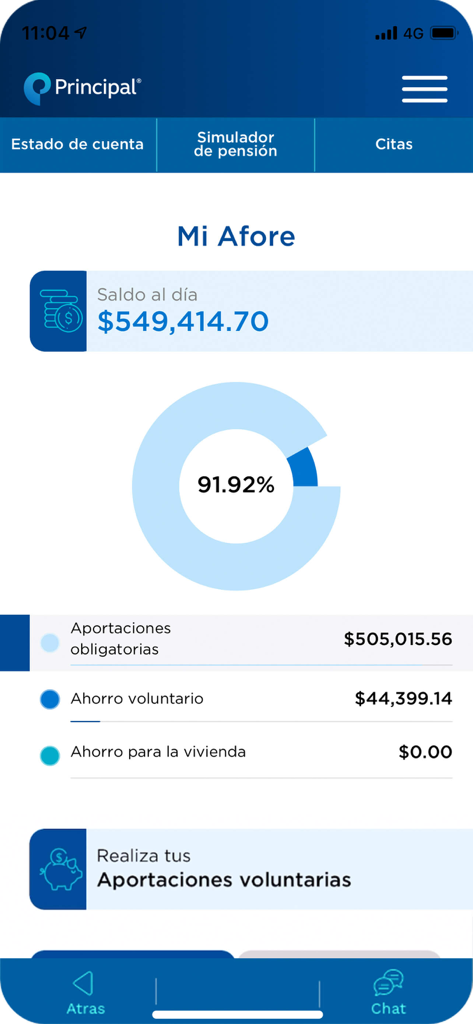 Principal® México - Panel de la app Principal Mexico que muestra el saldo de ahorros para la jubilación de la Afore y el desglose de las contribuciones