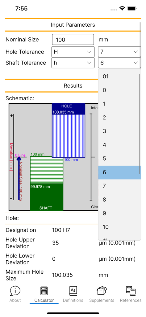 Fit Tolerance ISO Pro app interface showing a schematic diagram and engineering calculations for hole and shaft tolerances