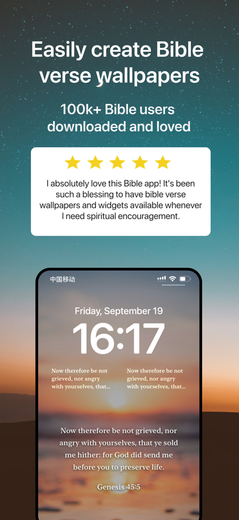 Bible Verse Lock Screen - A mobile app interface showing how to create personalized Bible verse wallpapers for a phone lock screen with a user review.