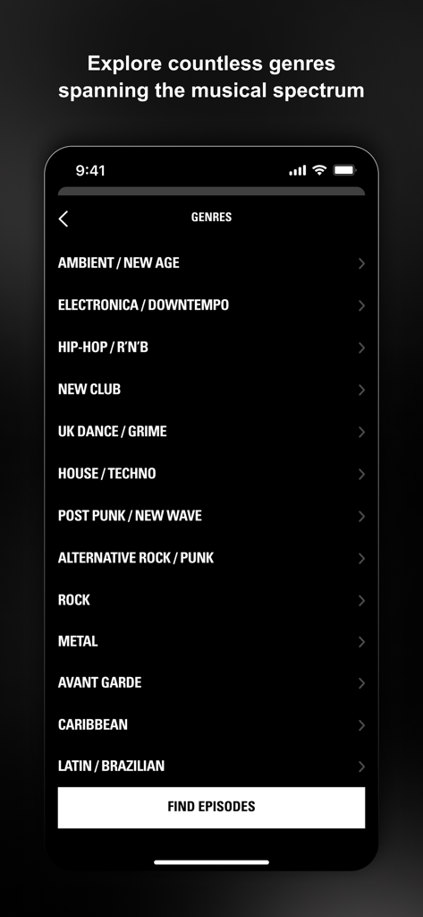 NTS Radio app screen showing a list of diverse music genres including Ambient, Hip-Hop, and UK Dance.
