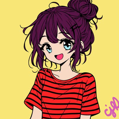 anime girl teenager striped shirt and smile and messy bun