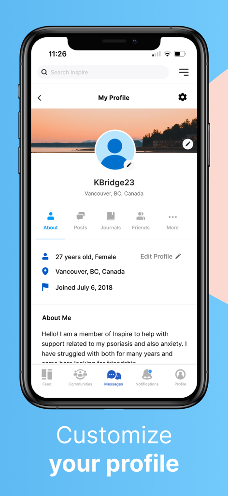 A user profile interface in the Inspire health community app showing personal bio and health interests