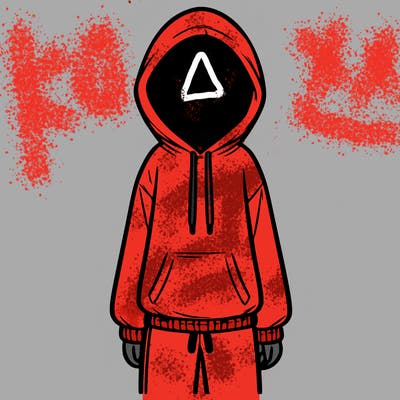 faceless girl in a tracksuit with a hood on and no hair