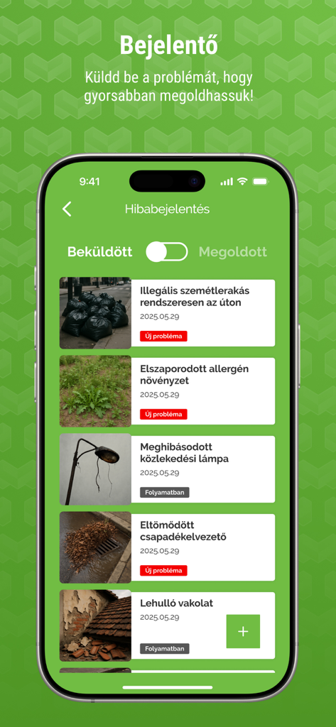 MiMi - Screenshot of the MiMi Miskolc app showing a list of submitted city reports for maintenance issues