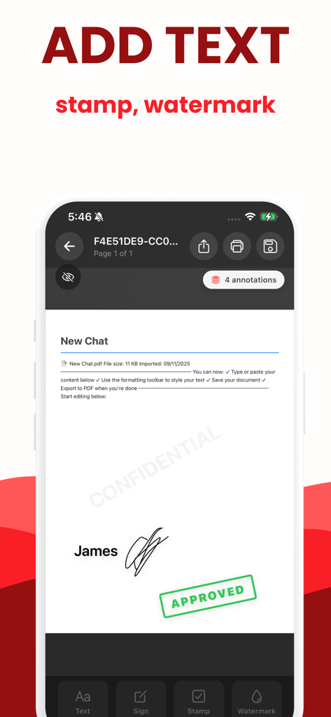 署名、承認スタンプ、機密透かしが追加されたPDFドキュメントが表示されたモバイルアプリインターフェース。