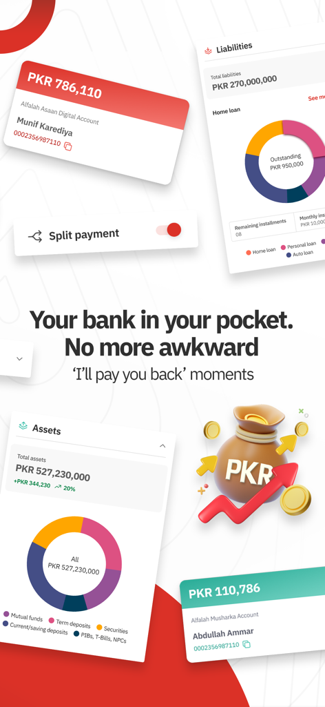 Interfaccia dell'app Alfa che mostra i saldi dei conti digitali e i grafici di gestione patrimoniale