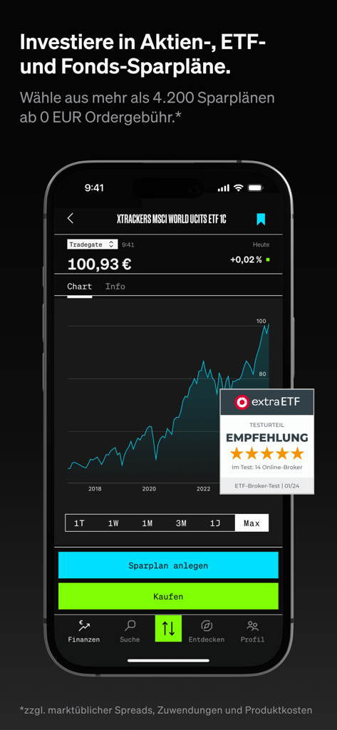 SMARTBROKER+ Aktien & ETF - Interfaz de la aplicación móvil SMARTBROKER plus que muestra un gráfico de rendimiento de ETF y opciones para iniciar un plan de ahorro o comprar acciones.