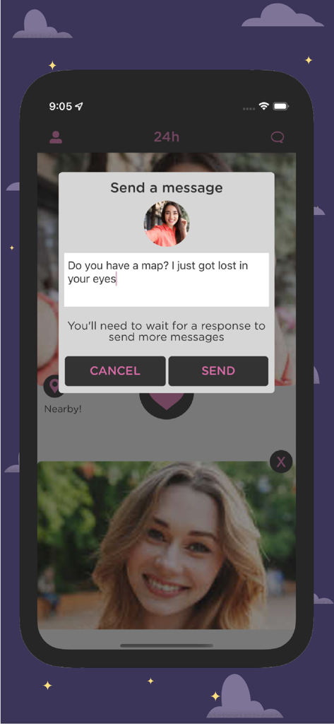 Slyde: Meet, Match & Move on - Uma janela de mensagens no aplicativo de namoro Slyde apresentando uma cantada flertante sobre o perfil de um usuário.