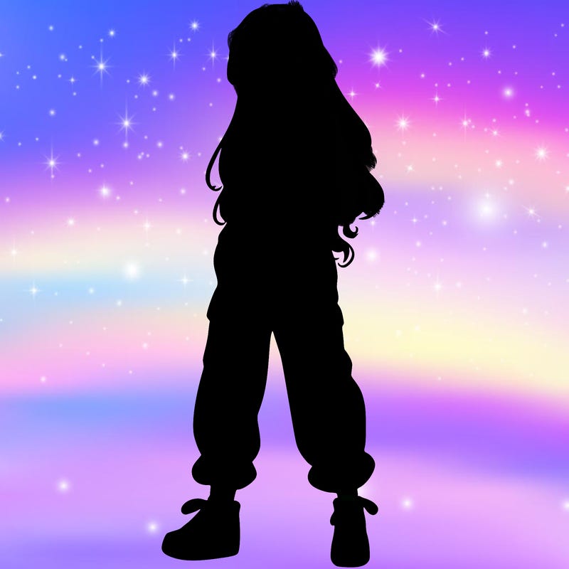 girl in baggy pants crop top and long hair