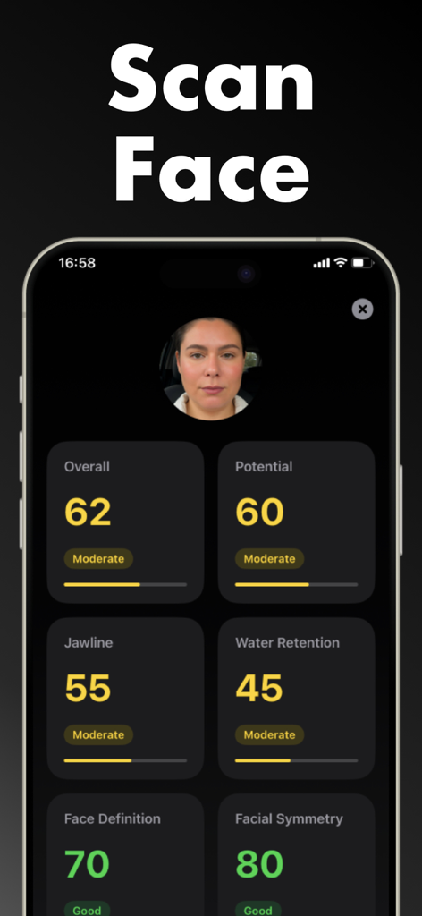 Benutzeroberfläche der mobilen App, die Gesichtsanalysedaten mit Bewertungen für Kieferpartie, Wassereinlagerungen und Gesichtssymmetrie anzeigt