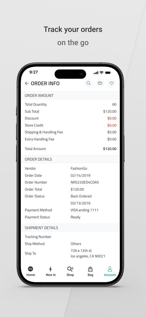 Order information screen in the FashionGo Wholesale app showing order amount details and shipment tracking