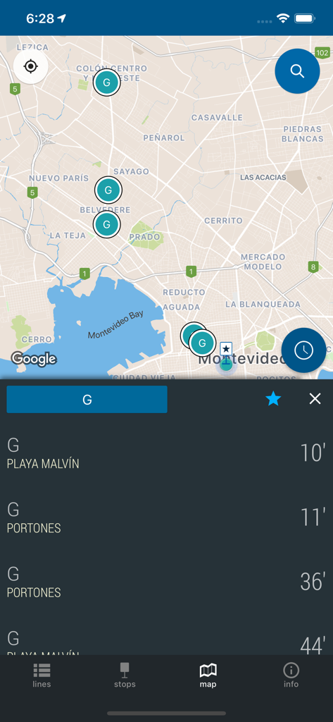 STM Montevideo app map view showing bus locations and real-time arrival estimates for line G