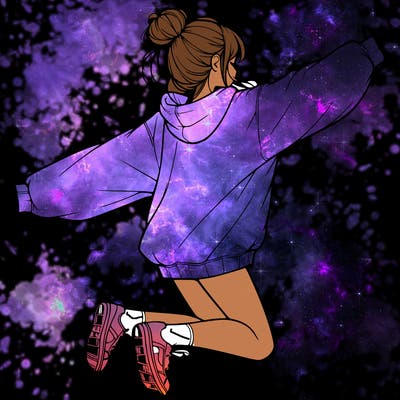 realistic girl jumping with a bun and oversized sweatshirt