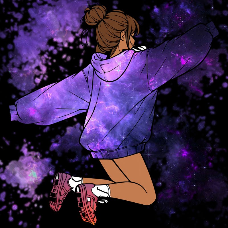 realistic girl jumping with a bun and oversized sweatshirt