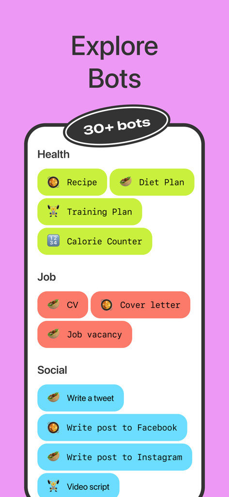 Yuna AI - Chatbot & Assistant - Interface of the Yuna AI app displaying a list of specialized chatbots for health, jobs, and social media tasks.