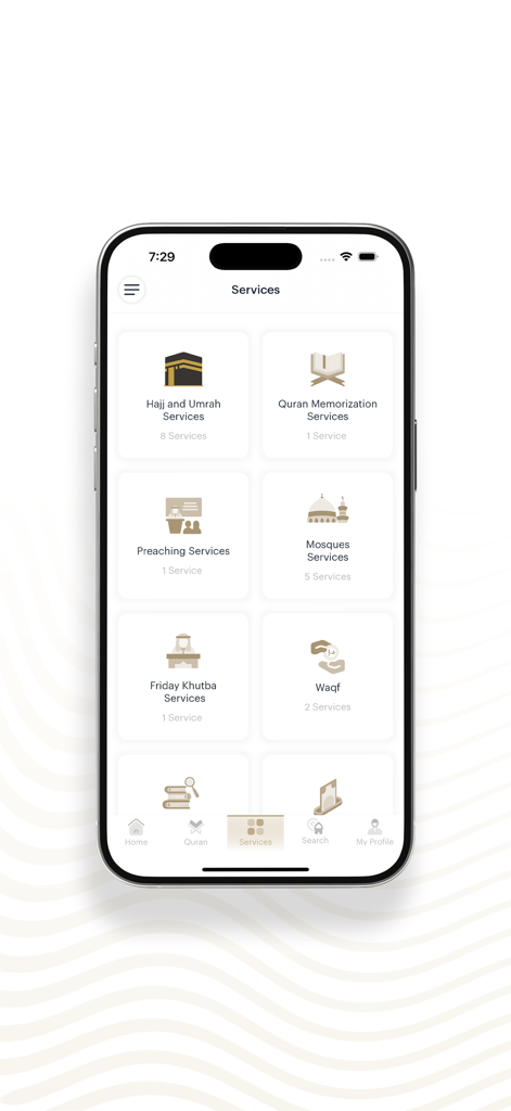 AWQAF UAE - Smartphone screen displaying the AWQAF UAE app services menu with icons for religious services including Hajj Quran and Mosques