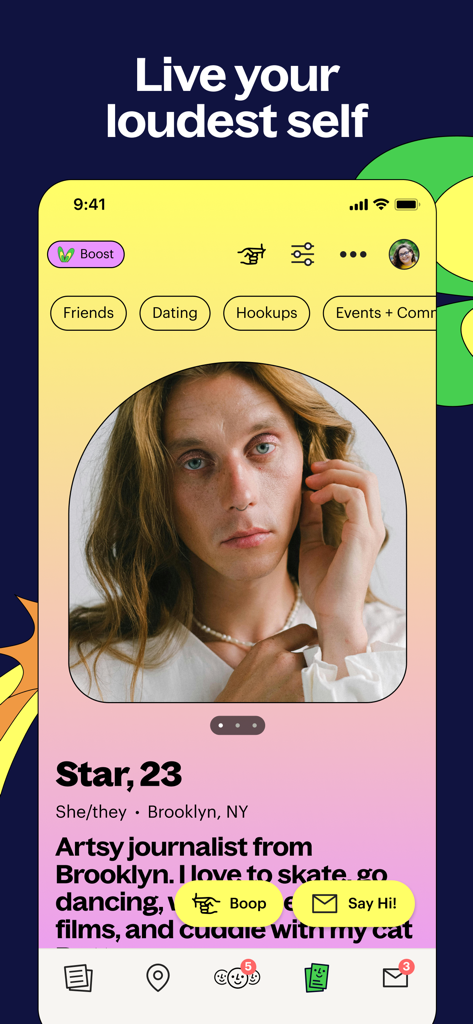 Lex: Queer Social LGBT Friends - A user profile on Lex queer social app featuring a person from Brooklyn.