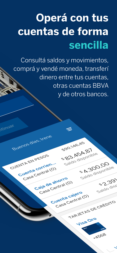 Panel de la aplicación móvil de BBVA Uruguay mostrando saldos de cuentas y detalles de tarjetas de crédito