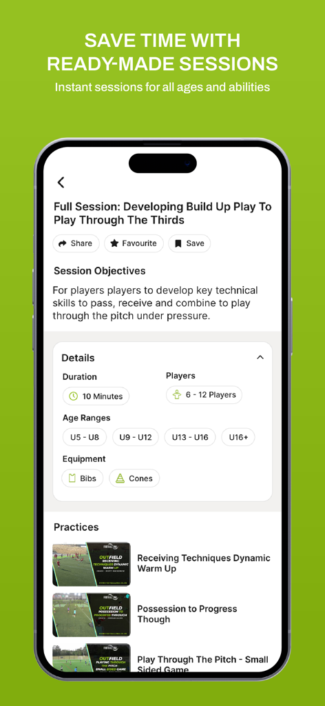 Football DNA - Football DNA app screen displaying a professional soccer coaching session plan with drills and objectives