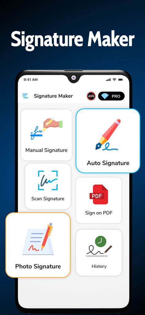 Signature Maker Sign Documents - Signature Maker의 모바일 앱 인터페이스로 수동 자동 스캔 및 PDF 서명 옵션 표시