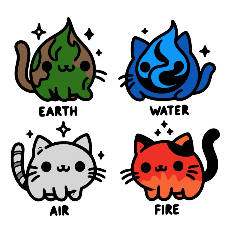 4 cats that represent the different elements, earth, water, air, and fire