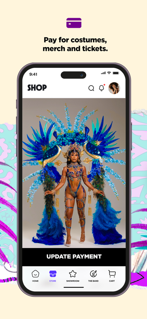 Spirit Mas - Spirit Mas app shop screen featuring a masquerader in a blue peacock carnival costume with an update payment option
