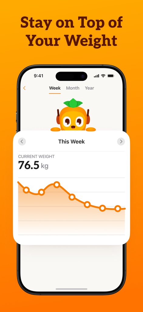 A weekly weight tracking graph in CalApp showing a downward weight trend and current body weight.