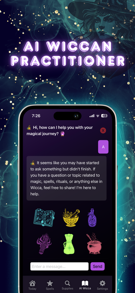 Witchcraft: Wicca Witch Spells - Chat interface with an AI Wiccan assistant and colorful magical icons.