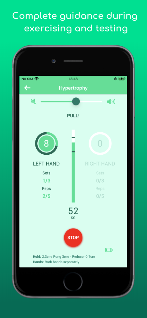 Climbro - Real-time hypertrophy workout interface on the Climbro app showing force measurement in kilograms and rep tracking