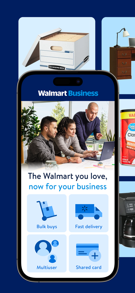 Walmart Business app interface showing bulk buys, fast delivery, multiuser, and shared card features.