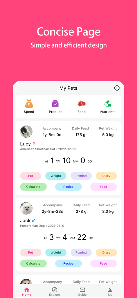 Pet Diary - Record Pet’s Life - Pet Diaryアプリのインターフェース。猫と犬を含む複数のペットの健康と給餌記録が表示されたダッシュボードを示しています。