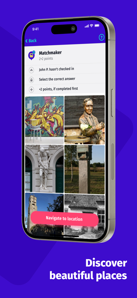 Roadgames: travel games - Una pantalla de teléfono inteligente que muestra la aplicación Roadgames con el desafío Matchmaker, una cuadrícula de fotos de lugares emblemáticos locales y un botón de navegación