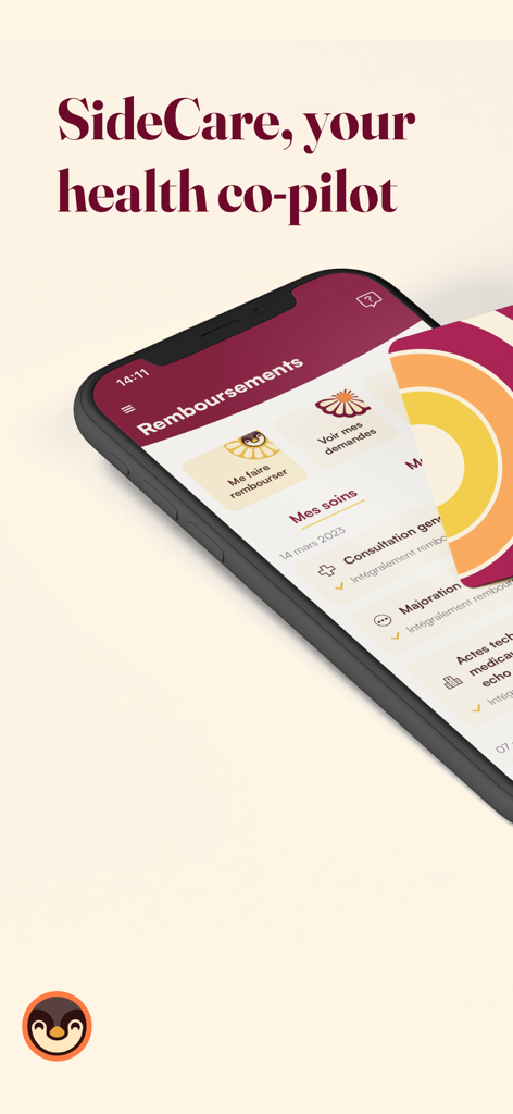 Interface de l'application mobile SideCare pour la gestion des remboursements d'assurance santé et des demandes de remboursement.