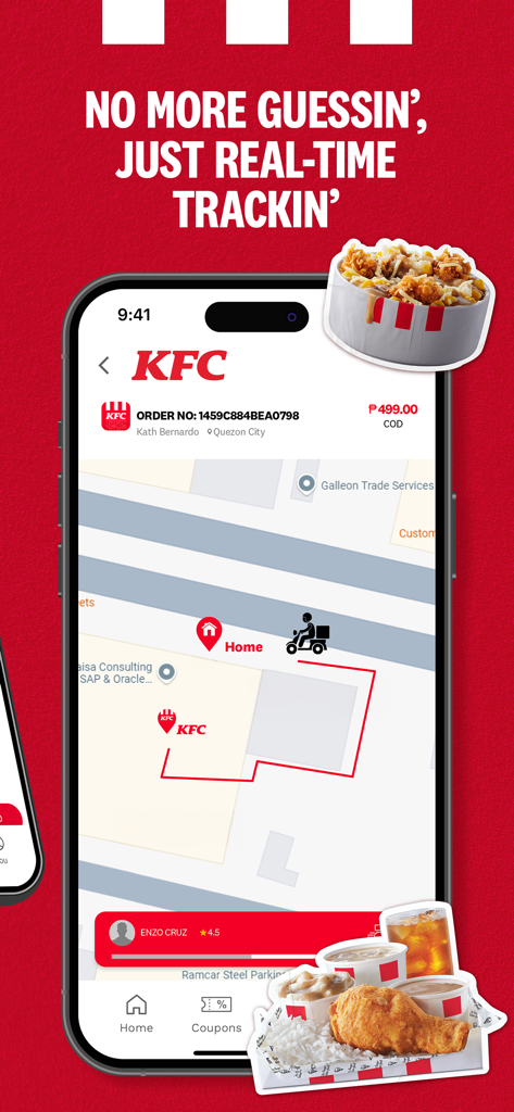 KFC Philippines - Pantalla de seguimiento de entrega en tiempo real en la app móvil KFC Filipinas que muestra un mapa e ícono de repartidor