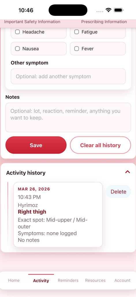 DoseTrack Injection Log - DoseTrack app screen showing activity history and symptom logging features.